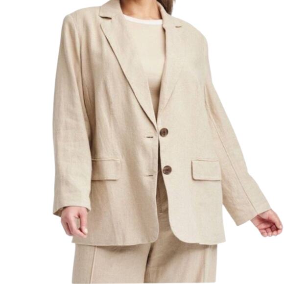 Neutral Linen Blend Blazer Jacket 2X Tan Beige Versatile Minimalist‎ Career Work - Picture 1 of 12